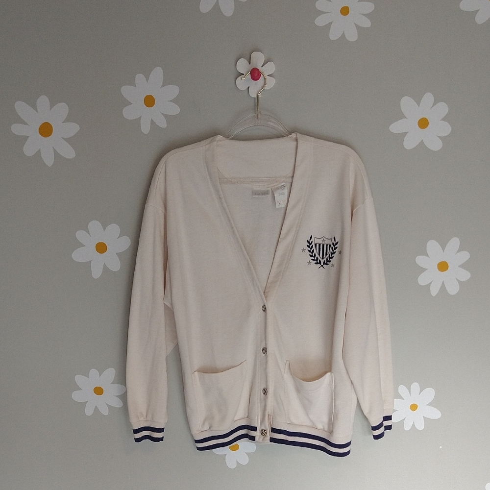 Vintage Jantzen Varsity Embroidered CreamNavy Stripe Cardigan Silver Star Button